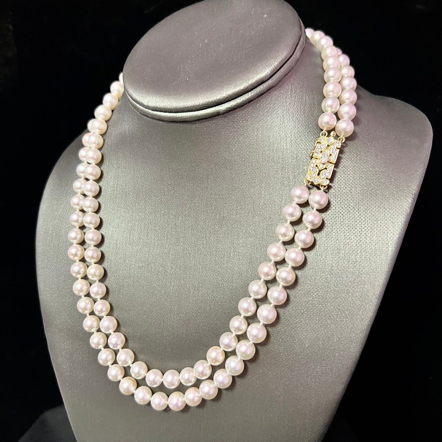Akoya Pearl Diamond 2-Strand Gold Necklace 7.5 mm 19.25" Certified $9,975 210643 - Certified Estate Jewelry