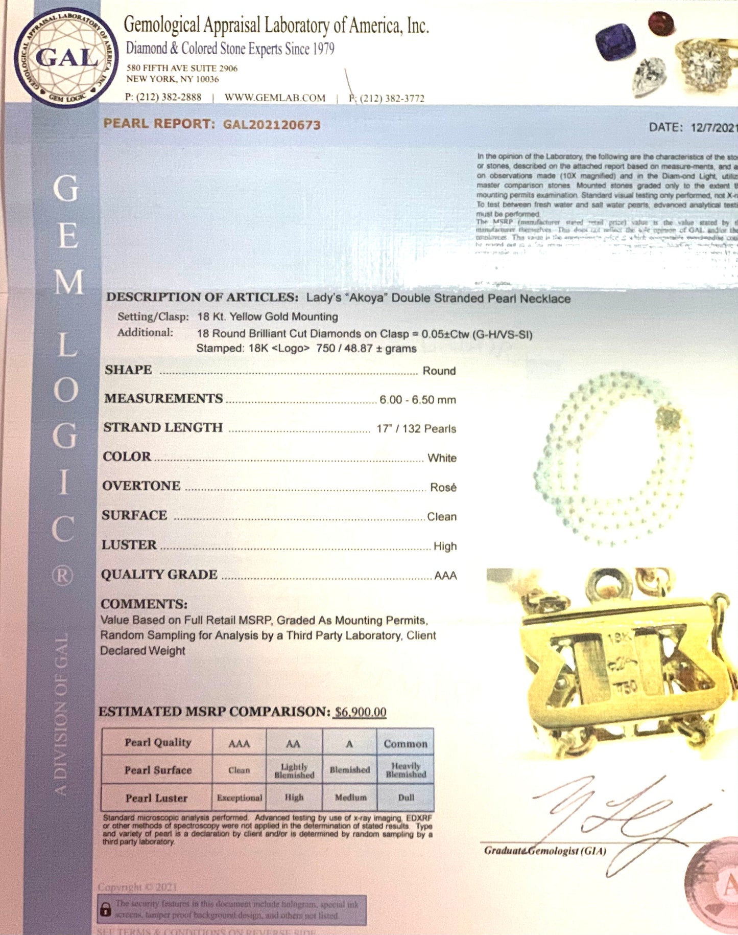 Diamond Akoya Pearl 2-Strand Necklace 17" 18k Gold 6.5mm Certified $6,900 120673 - Certified Fine Jewelry