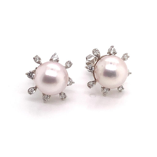 Diamond Akoya Pearl Earrings 14K White Gold 9.50 mm Certified $3,950 018642 - Certified Estate Jewelry