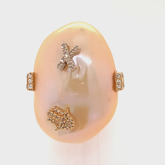 Diamond Fresh Water Pearl Ring 14k Gold Baroque Women Certified $2,950 910803 - Certified Estate Jewelry