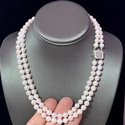 Diamond Akoya Pearl 2-Strand Necklace 14k Gold 18" 7.5mm Certified $9,750 116393 - Certified Estate Jewelry