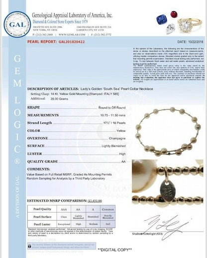 South Sea Pearl Choker Necklace 14k Gold 11.50 mm Italy Certified $3,450 820422 - Certified Estate Jewelry