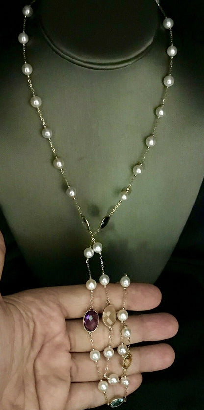 Pearl Quartz Topaz Necklace 14k Gold 7.5 mm 35.75" Italy Certified $3,490 820429 - Certified Estate Jewelry