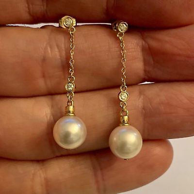 Diamond Akoya Pearl Earrings 14k Gold 9.4 mm Pearl Women Certified $1,199 721760 - Certified Estate Jewelry