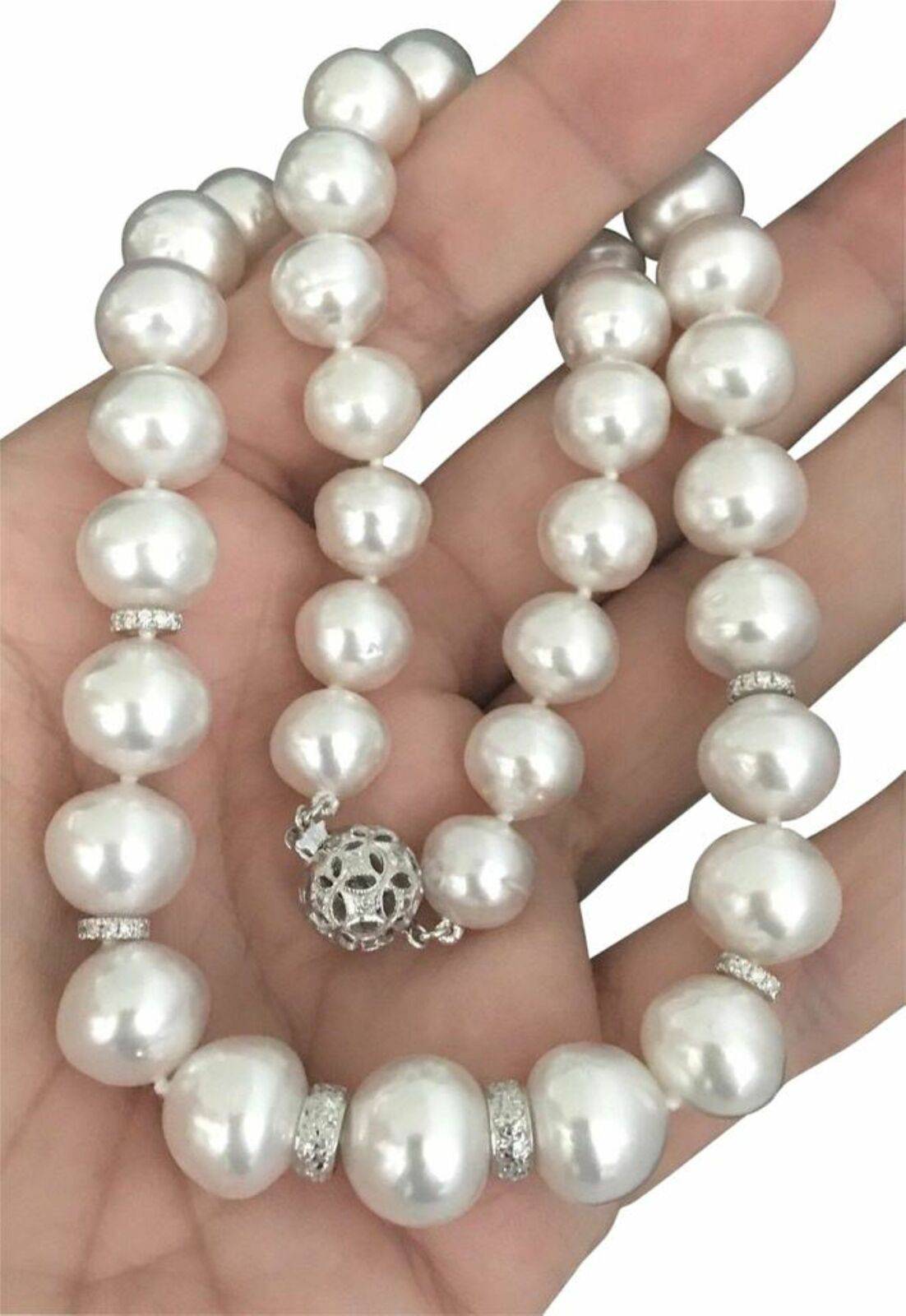 Diamond South Sea Pearl Necklace 14k Gold 13 mm 18.2" Certified $15,450 817025 - Certified Estate Jewelry