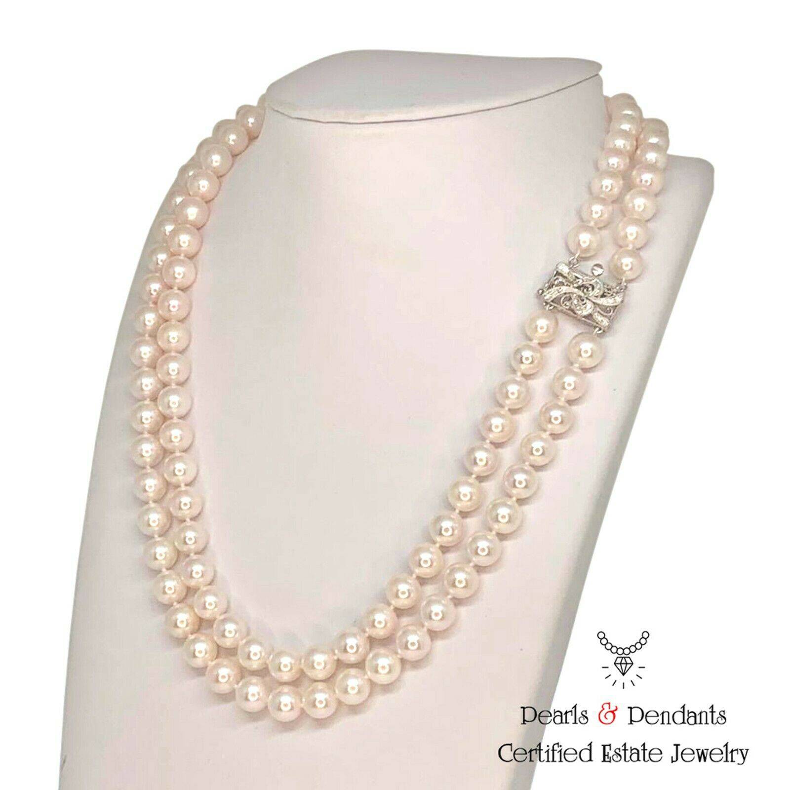 Diamond Akoya Pearl Necklace 8.20 mm 14k Gold 19" 2-Strand Certified $11,950 010260 - Certified Fine Jewelry