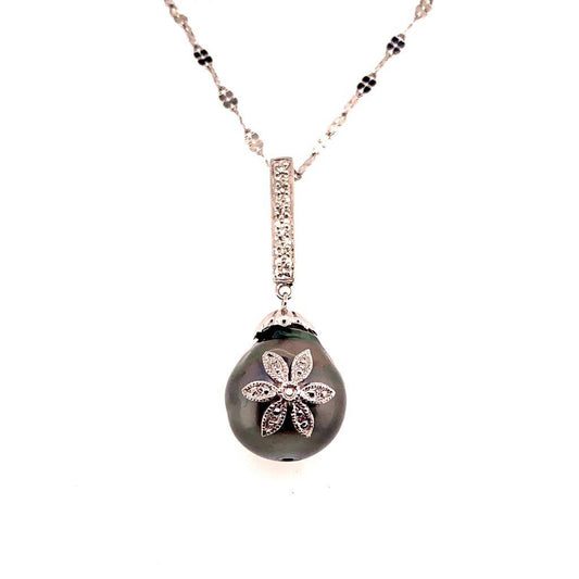 Diamond Tahitian Pearl Necklace 18k Gold 12.60 mm 16" Certified $895 910818 - Certified Fine Jewelry