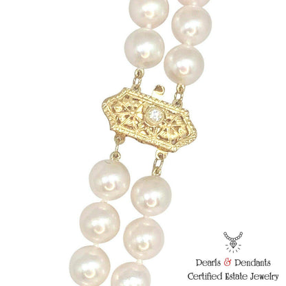Diamond Akoya Pearl Necklace 8 mm 14k Gold 17 in 2-Strand Certified $9,750 010933 - Certified Fine Jewelry