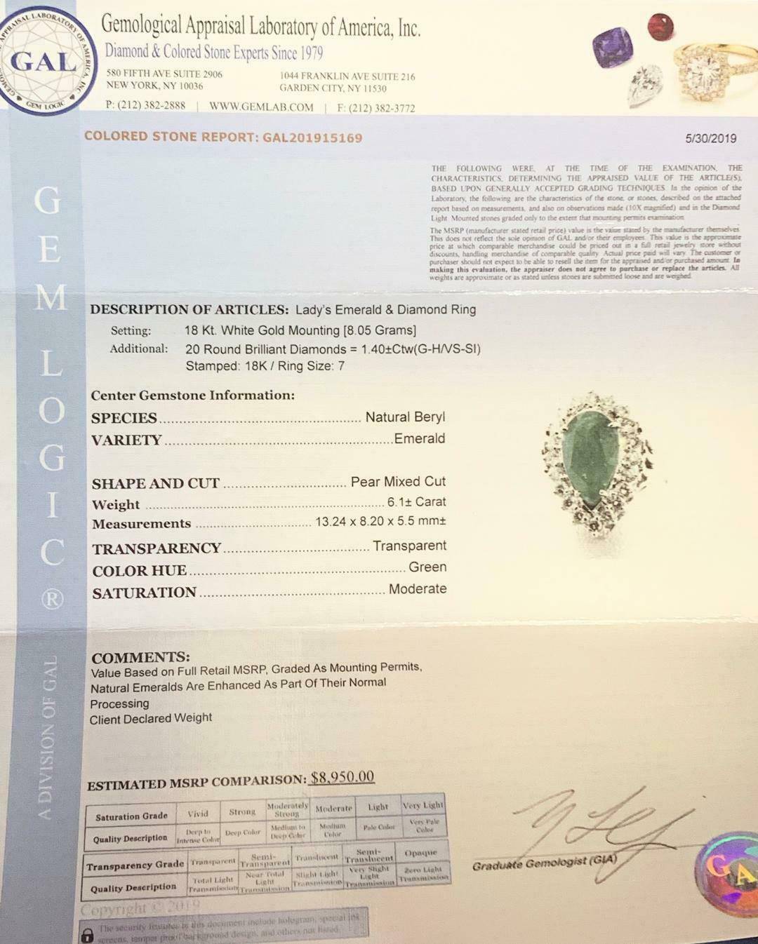 Diamond Emerald Ring 7.50 TCW 18 KT GIA Certified $8,950 915169 - Certified Estate Jewelry