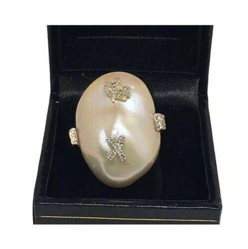 Diamond Fresh Water Pearl Ring 14k Gold Baroque Women Certified $2,950 910803 - Certified Estate Jewelry
