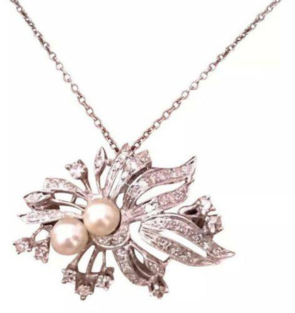 Diamond Akoya Pearl Brooch Necklace 14k Gold Italy Certified $5,995 814583 - Certified Fine Jewelry
