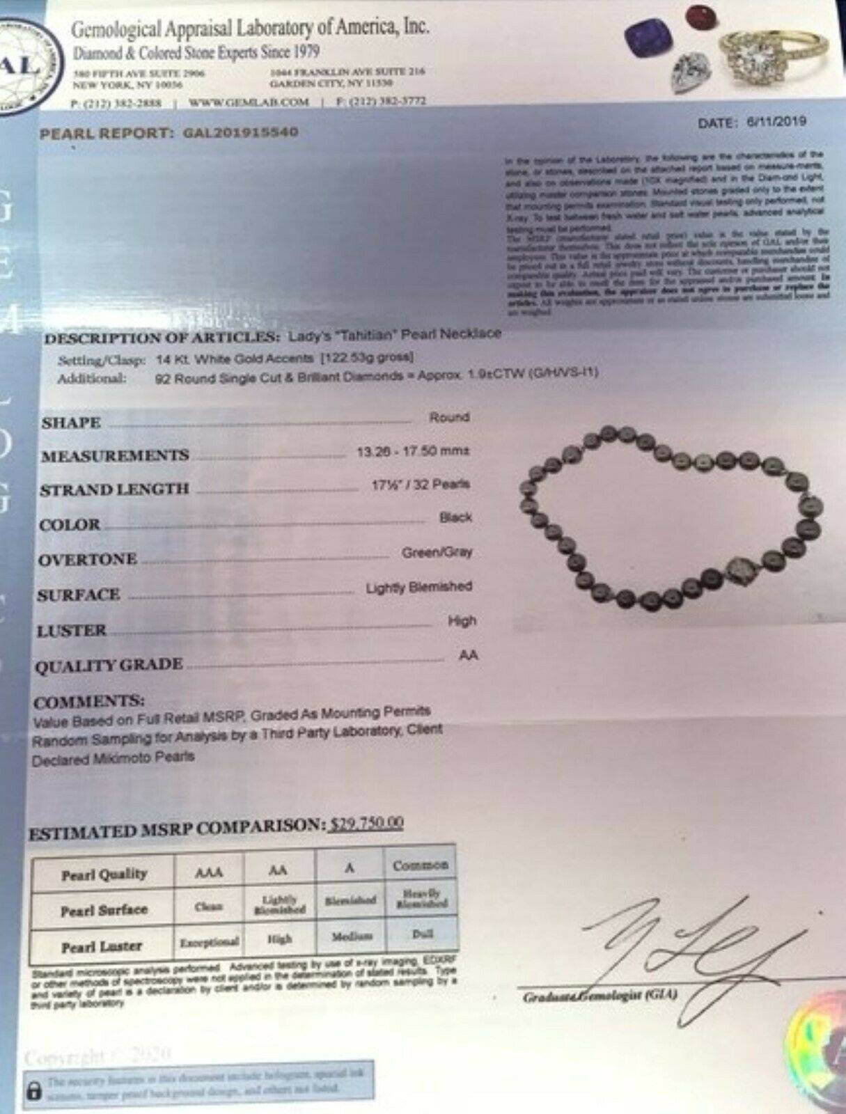 Diamond Tahitian Pearl Necklace 14k Gold 17.5 mm 17.5" Certified $29,750 915540 - Certified Estate Jewelry