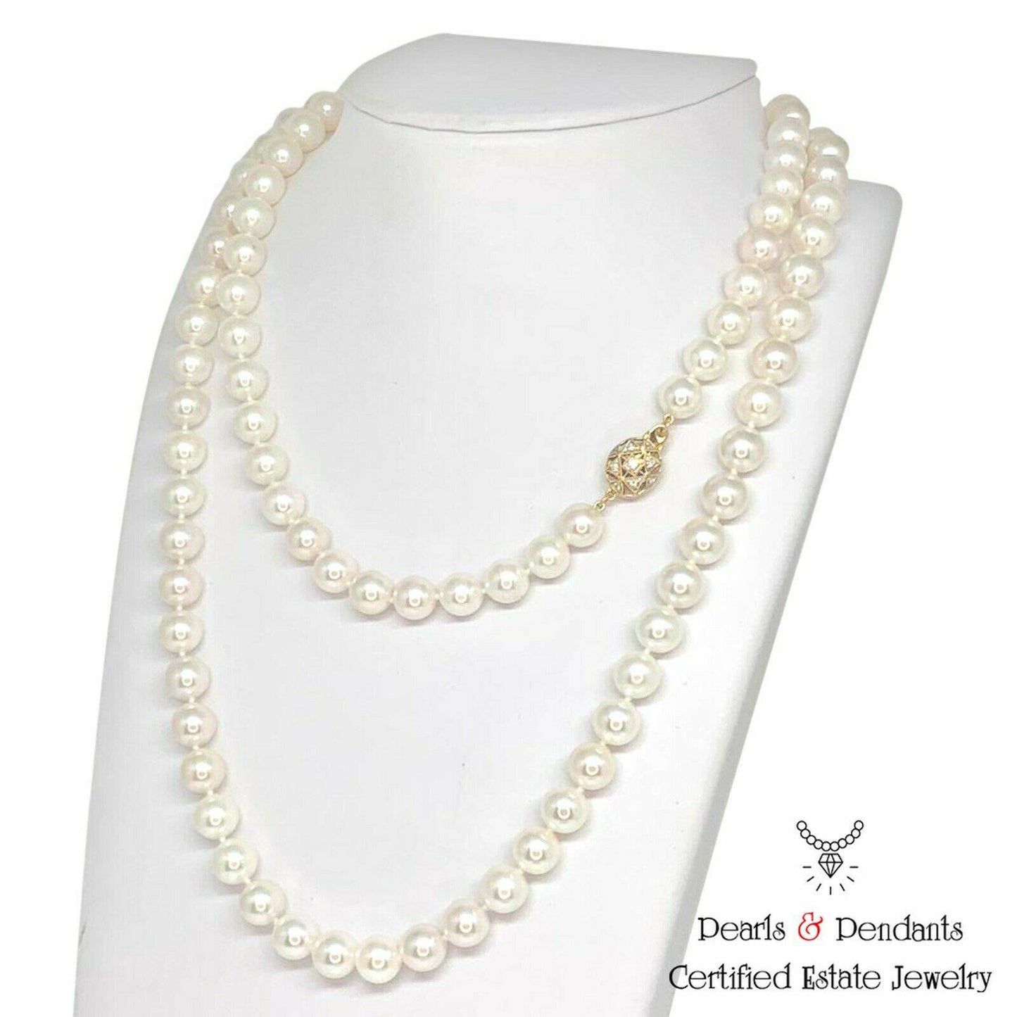 Diamond Akoya Pearl Necklace 14k Gold 8.5 mm 36 in Certified $9,750 010932 - Certified Estate Jewelry