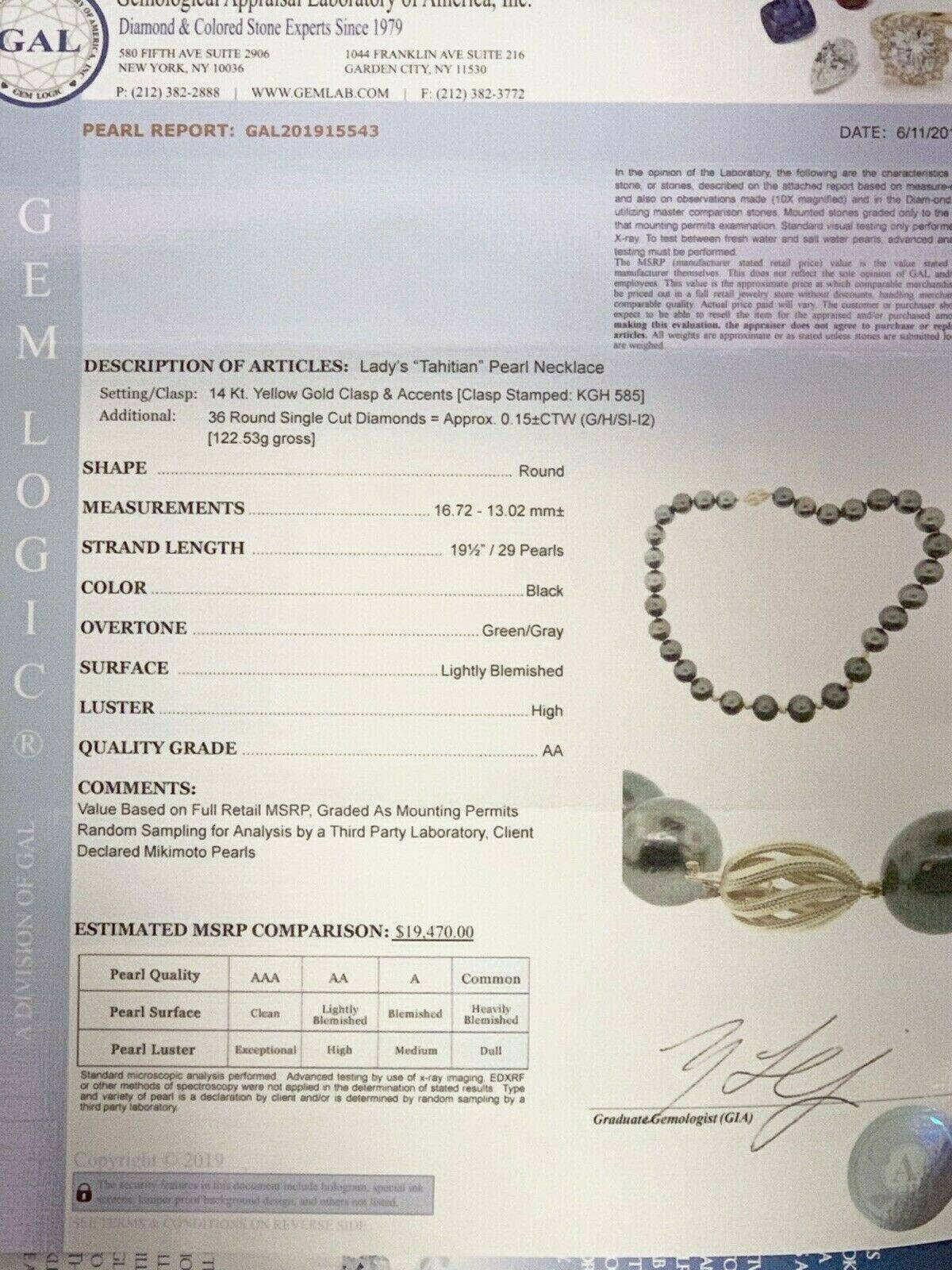 Diamond Tahitian Pearl Necklace 14k Gold 16.7 mm 19.5" Certified $19,470 915543 - Certified Fine Jewelry