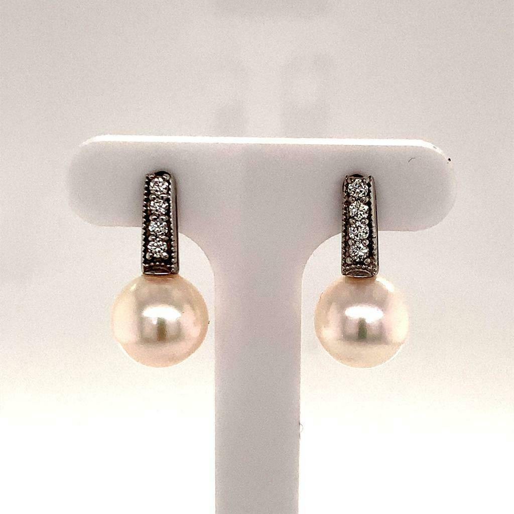 Diamond Akoya Pearl Earrings 14 KT 8.55 mm Certified $1,895 018210 - Certified Fine Jewelry