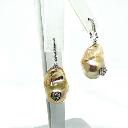 Diamond Baroque FW Yellow Pearl Earrings 14k Gold Certified $1,950 914375 - Certified Fine Jewelry
