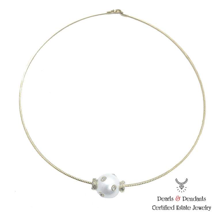 Diamond South Sea Pearl Necklace 13.80 mm 14k Gold Certified $3,950 920457 - Certified Estate Jewelry
