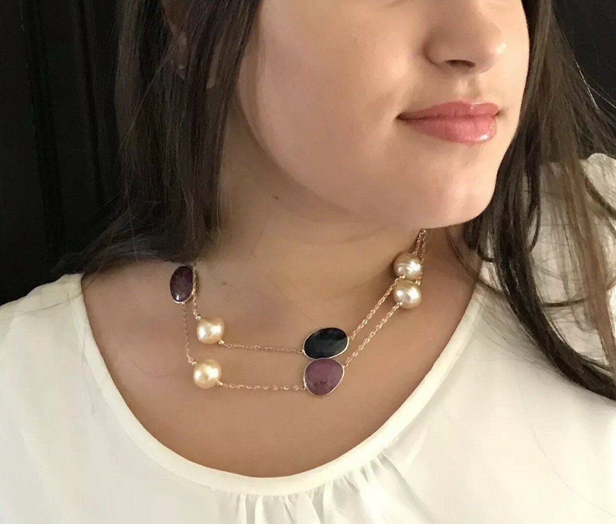 South Sea Pearl Ruby Sapphire Necklace 14k Gold Italy Certified $3,450 820427 - Certified Fine Jewelry